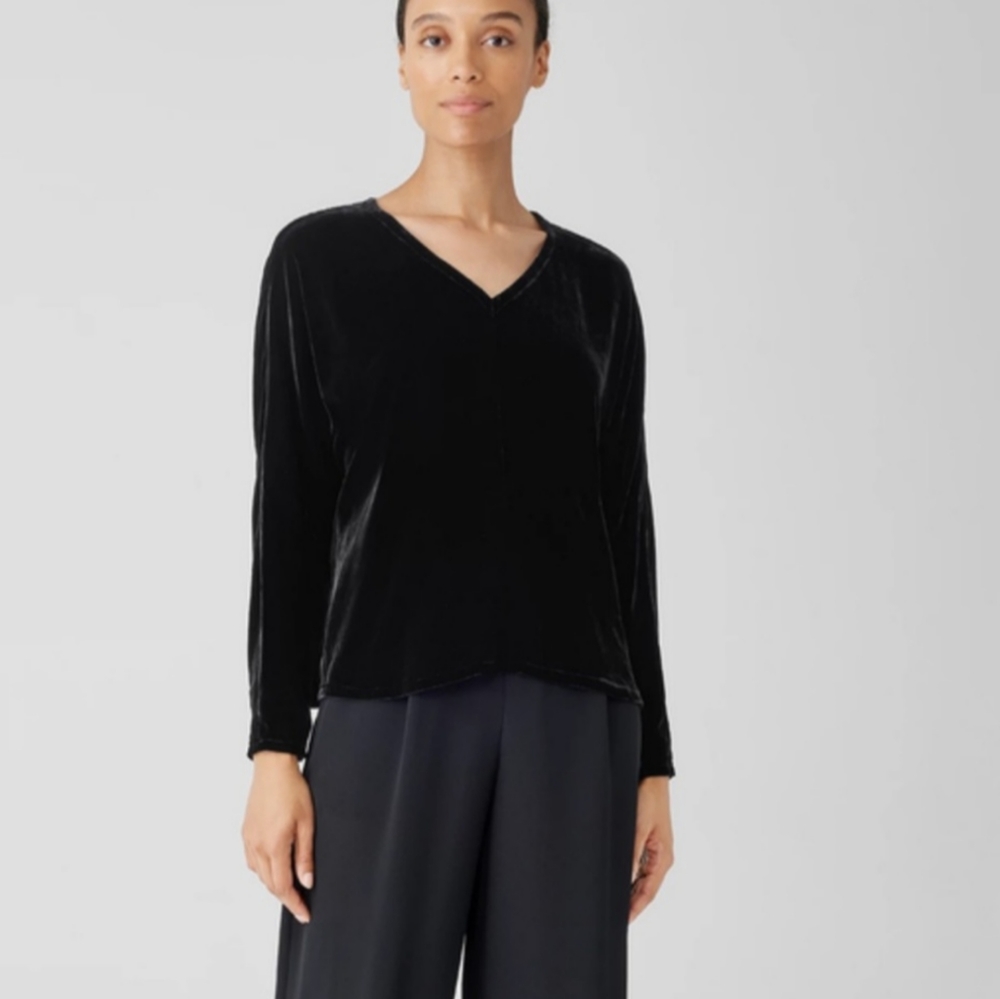 Eileen Fisher Evening Velour Black V Neck Velvet Top New small $278 SILK Shirt S